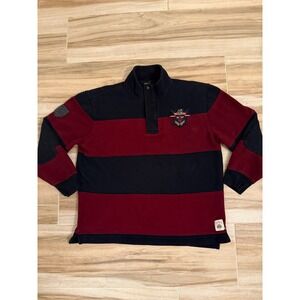 Nautica Mens XL Rugby Shirt Navy Burgundy Striped Quarter Button Mock Neck Crest
